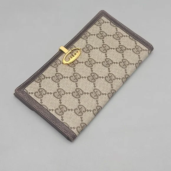 GUCCI - Old Gucci Bifold Long Wallet in Brown & Tan - Vintage Monogram Logo - Picture 11 of 16